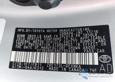 2017 Toyota Corolla Le z USA, uszkodzony, nr VIN 2T1BURHEXHC795495